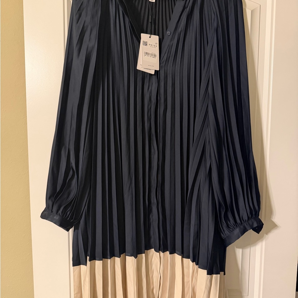 Reiss Navy and Cream Pleated Dress